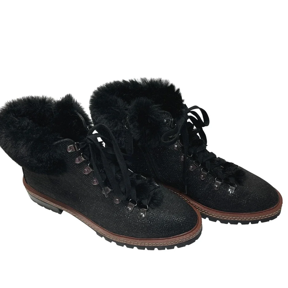 Kate Spade NY Rosalie Sparkly Black Leather‎ Ankle Boots SZ 9 Faux Fur NWOB